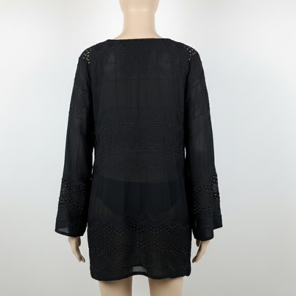 NWOT La Blanca Black Crochet V-Neck Bell Sleeve Swim Cover-Up Tunic XL - Picture 6 of 13